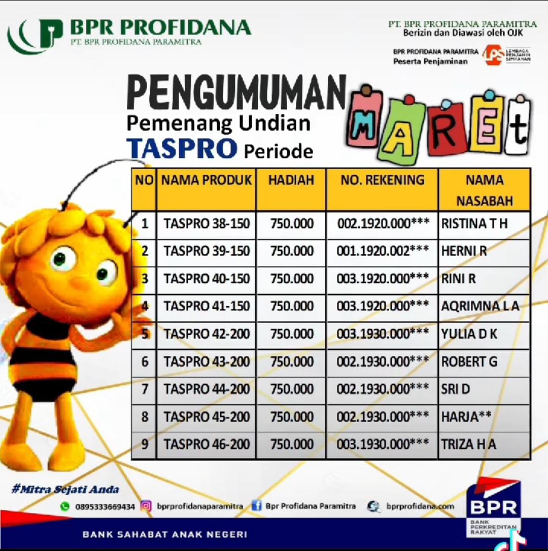 PEMENANG TABUNGAN TASPRO PERIODE MARET 2023